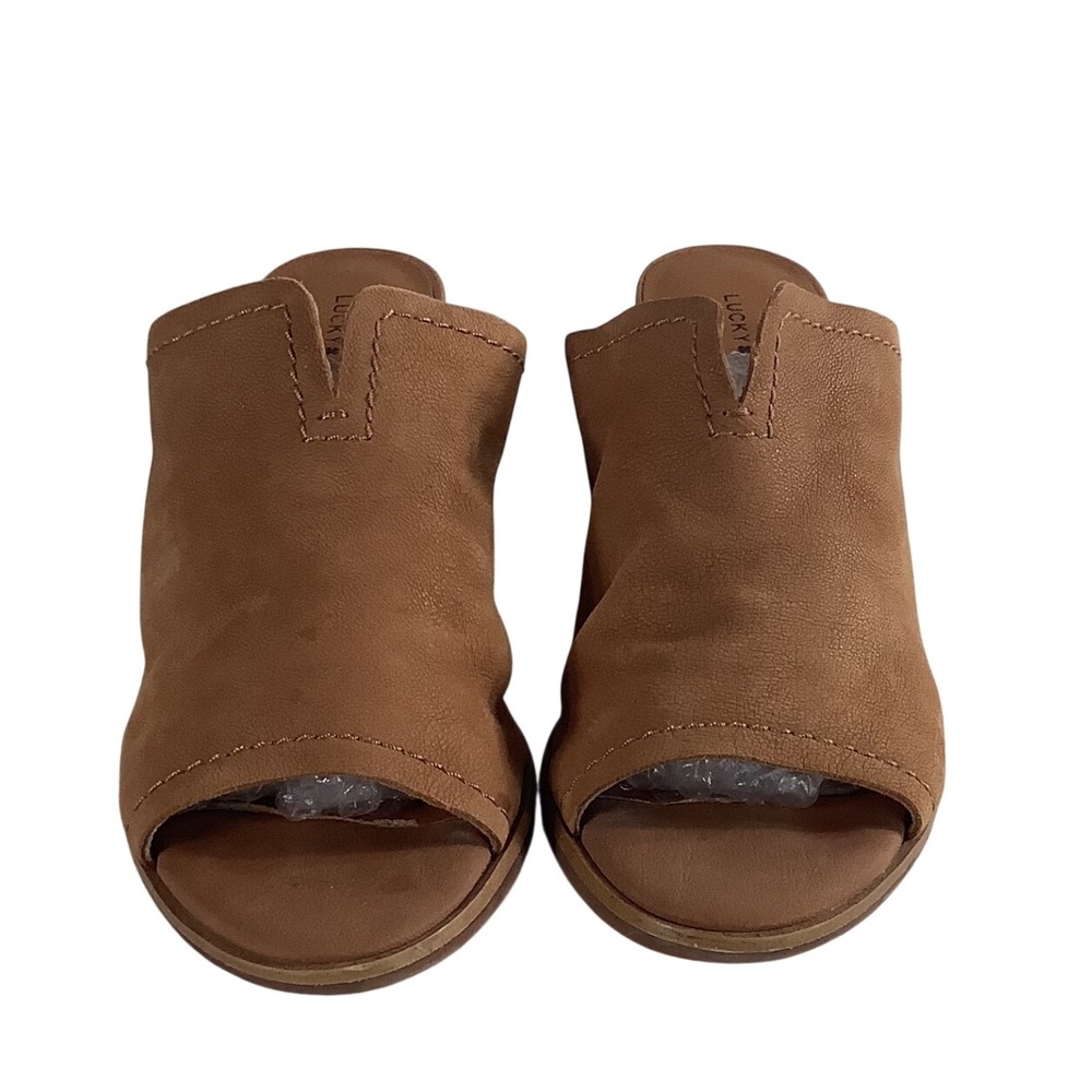 Lucky Brand Xenial Tan Leather Peep Toe Block Heel Mules Sandals Womens 7.5 M